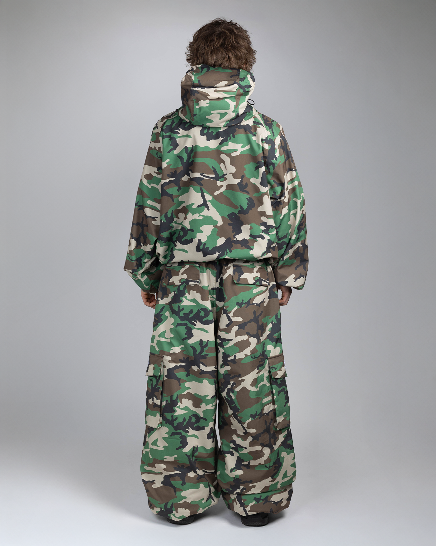 Camo snow jacket back view on model