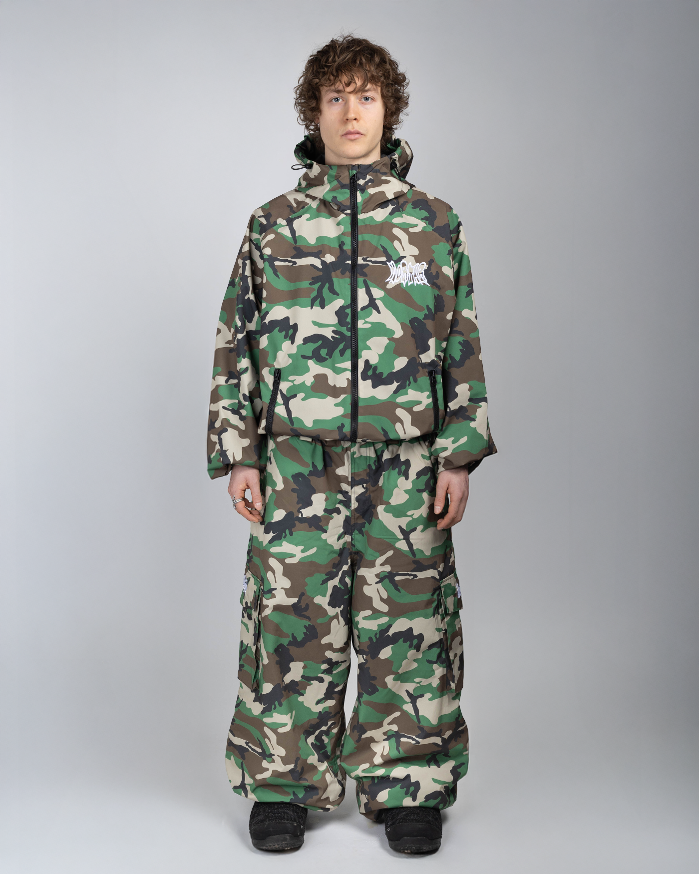 Camo snow jacket full front view on a man