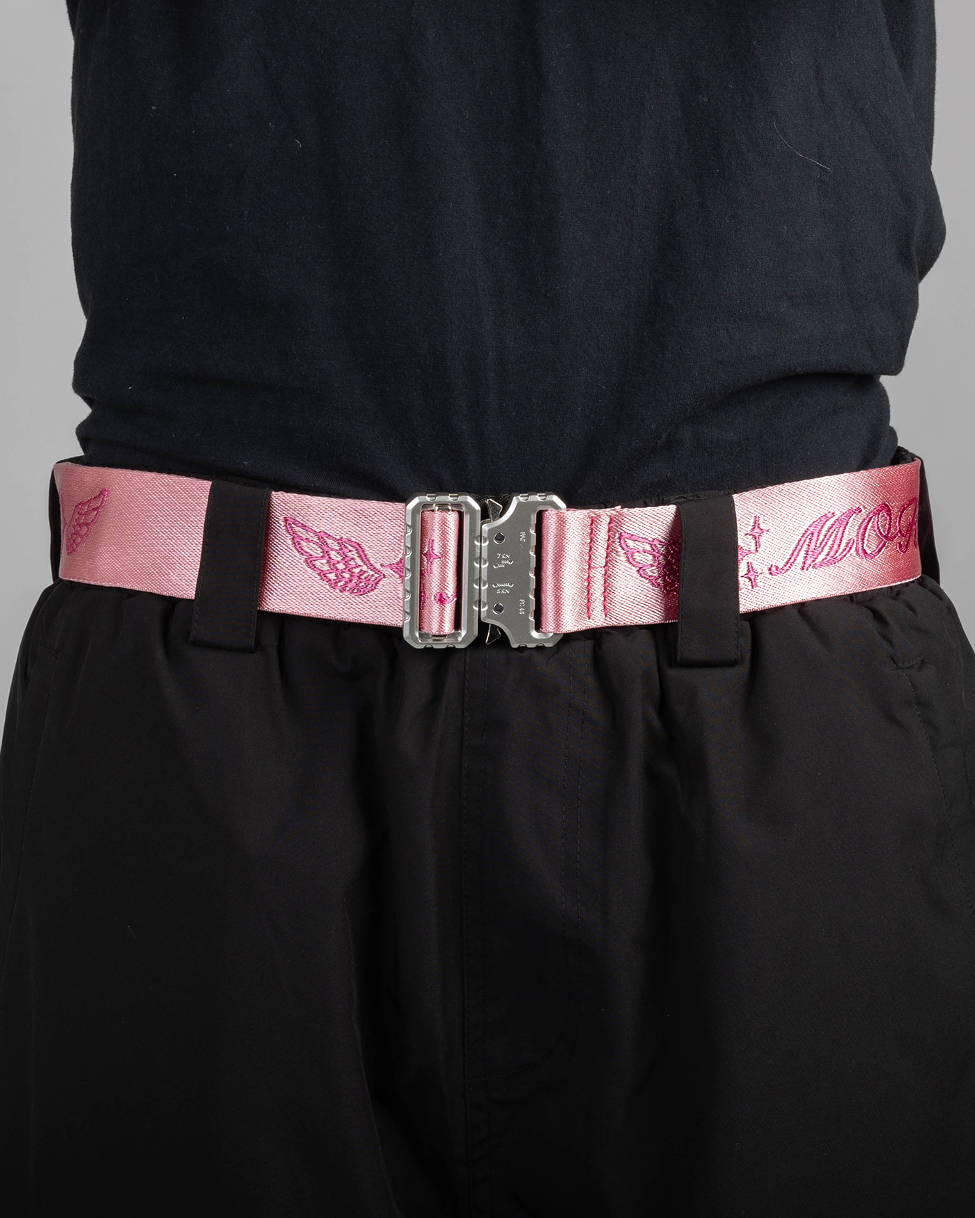 Pink belt front view on a model