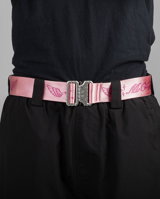 Pink belt front view on a model