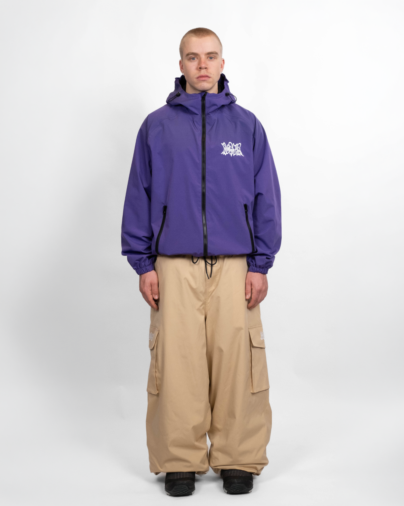 Purple snow jacket front view on a man 