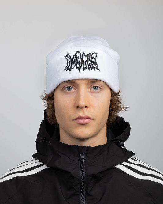 White beanie full front view on a model